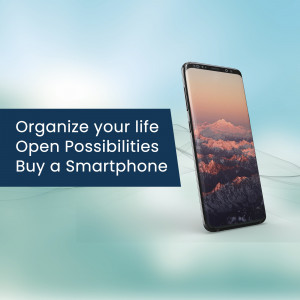 Smartphone displaying a mountain landscape with promotional text.