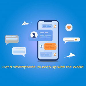 Illustration of a smartphone displaying messaging app with speech bubbles and icons.