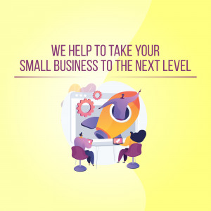 Illustration of a rocket launching from a laptop, representing small business growth.