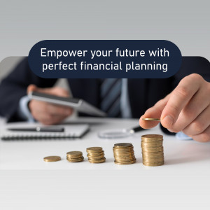 A person holding coins over a stack of coins with a tablet in the background, representing financial planning.