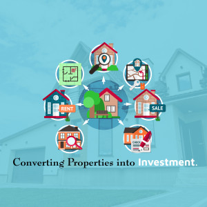 Illustration of a house surrounded by icons representing real estate services like rent, sale, and property valuation.