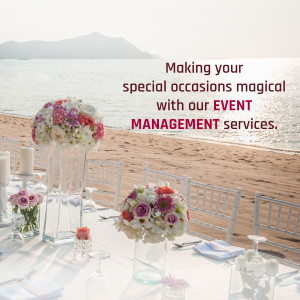 Elegant beach wedding setup with floral arrangements and event management services advertised.