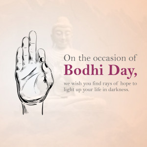 Illustration of a hand in a gesture with a blurred Buddha image in the background and text wishing a happy Bodhi Day.