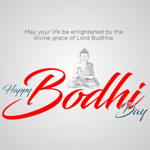 Illustration of Buddha in meditation with 'Happy Bodhi Day' text.