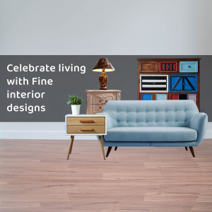 Modern living room with a blue sofa, wooden furniture, and a lamp.