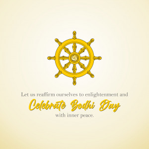 Illustration of a Dharma wheel with text celebrating Bodhi Day