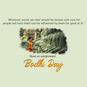 Buddhist monk meditating in front of Buddha statues with a Bodhi Day greeting.