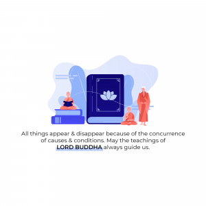 Illustration of meditating figures with a lotus flower and text about impermanence.