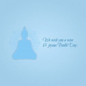 Silhouette of Buddha in meditation with a mandala background and text wishing a happy Bodhi Day.