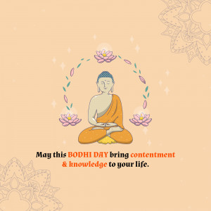 Illustration of Buddha in a meditative pose with lotus flowers and a Bodhi Day greeting.