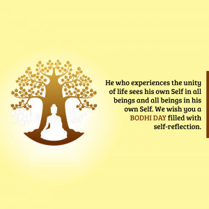 Image depicting a silhouette of a meditating Buddha under a tree with text wishing a Bodhi Day filled with self-reflection.