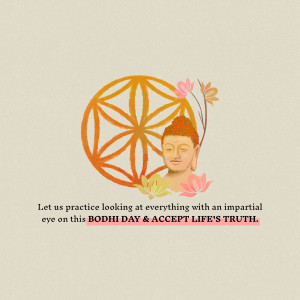 Image of Buddha with a Flower of Life symbol and lotus flowers, celebrating Bodhi Day.