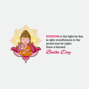 Illustration of Buddha meditating on a lotus flower with Bodhi Day greeting.