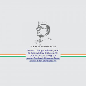 Portrait of Subhas Chandra Bose with Indian flag colors and a quote.