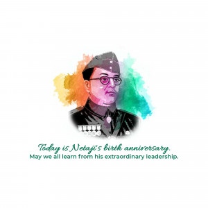Portrait of Netaji Subhas Chandra Bose with watercolor splash and text commemorating his birthday.