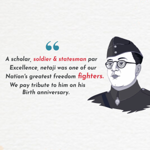 Portrait of Netaji Subhas Chandra Bose with a quote about his legacy.