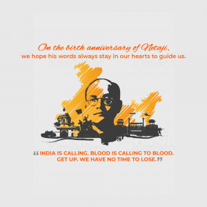 Portrait of Netaji Subhas Chandra Bose with Indian landmarks and a motivational quote.