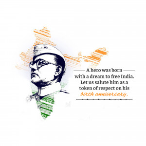 Portrait of Netaji Subhas Chandra Bose with the Indian flag in the background