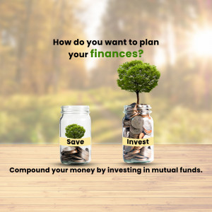 Image depicting saving and investing with coins in glass jars and a tree growing from one, representing financial growth.
