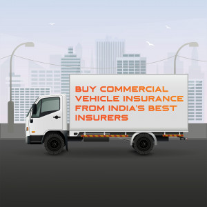 White delivery truck with commercial vehicle insurance advertisement in front of a city skyline.