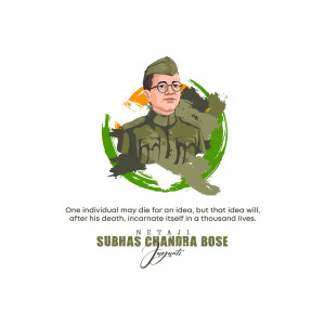 Illustration of Subhas Chandra Bose with Indian flag colors and a motivational quote.