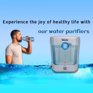 Man drinking water from a bottle with a Kent water purifier in the background