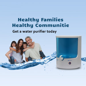 Family with a water purifier, promoting clean water for a healthy community.