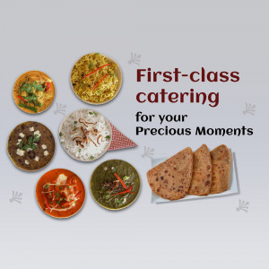 A variety of Indian dishes arranged around text promoting first-class catering services.