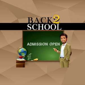 Back to School advertisement with a teacher and chalkboard