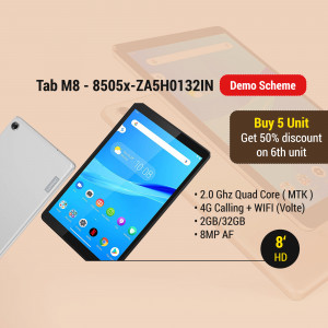 Lenovo Tab M8 tablet with a promotional offer for bulk purchase.