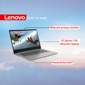 Lenovo S340 (14 inch, Intel) laptop with highlighted features like webcam privacy shutter and ultrslim design.