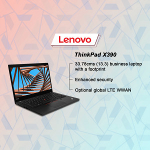 Lenovo ThinkPad X390 business laptop with a colorful abstract background.