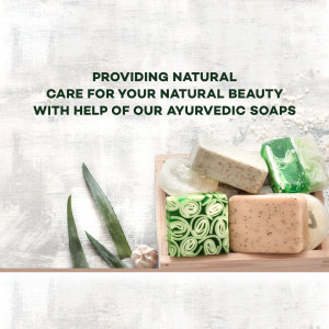 Close-up of natural Ayurvedic soaps with fresh ingredients