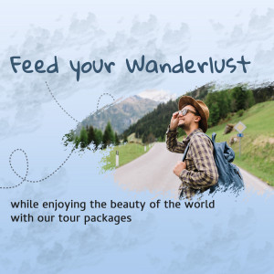 Man with backpack enjoying a scenic mountain view, promoting tour packages.