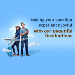 Couple with luggage and airplane, promoting vacation packages