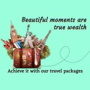 Collage of famous landmarks with a suitcase and travel quote
