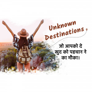 Woman with arms raised overlooking a mountain landscape with text overlay.