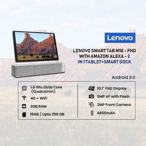Lenovo Smart Tab M10 with Smart Dock displaying a landscape image