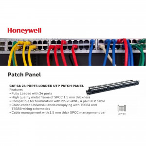 Honeywell CAT6A 24 port UTP patch panel with color-coded cables