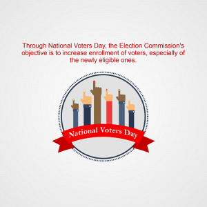 Image depicting raised hands with fingers marked with ink, symbolizing voting, with the text 'National Voters Day'.