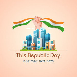 Illustration of a hand holding the Indian flag over a city skyline with text promoting home bookings for Republic Day.