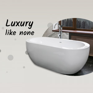 A freestanding white bathtub in a modern bathroom setting with the text 'Luxury like none'