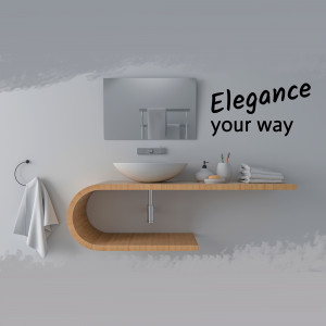 A modern bathroom vanity with a vessel sink and wooden shelf.