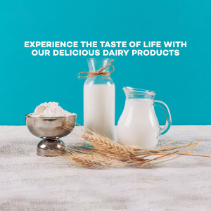 Glass of milk, wheat, and flour on a marble surface with text overlay