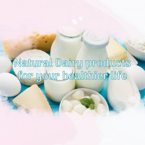 Assortment of natural dairy products including milk, cheese, cottage cheese, and eggs.