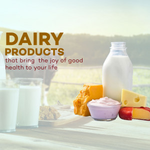 Assortment of dairy products including milk, cheese, and yogurt.