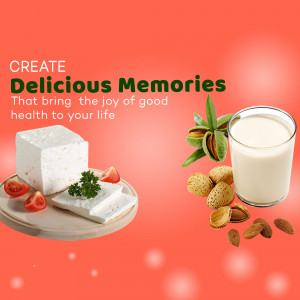 A promotional image featuring dairy products, tofu, almonds, and tomatoes, promoting healthy eating.