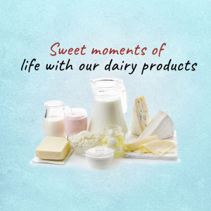 Assortment of dairy products including milk, cheese, butter, and yogurt.