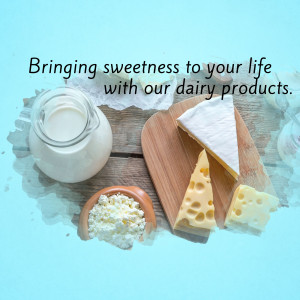 A still life of dairy products including milk, cheese, and cottage cheese.
