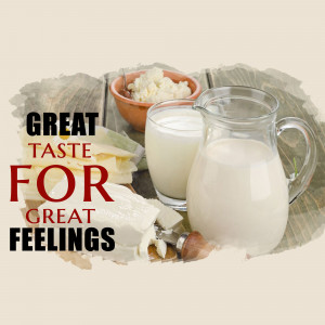 A still life image featuring milk, cheese, and walnuts with text overlay.